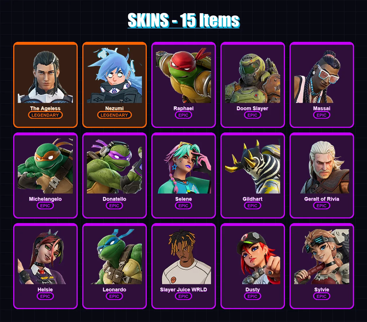 [PC/XBOX/PSN] | The Ageless | Nezumi | Raphael | Doom Slayer | Massai | 15 skin | 35 pickaxe | 17 emote | 22 glider | Lv299