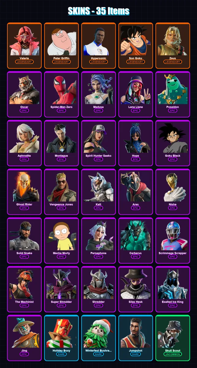 [PS4/PS5/XBOX/PC] | Valeria | Peter Griffin | Hypersonic | Son Goku | Zeus | 35 skin | 35 pickaxe | 19 emote | 21 glider | Lv253