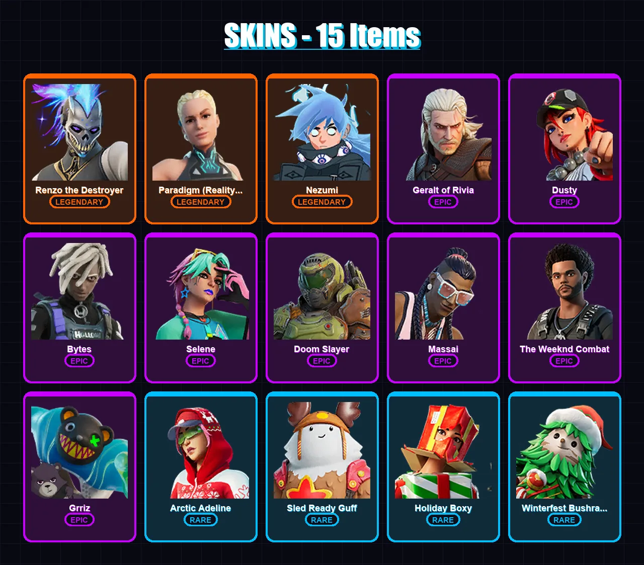 [PC/PSN] | Renzo the Destroyer | Paradigm (Reality-659) | Nezumi | Geralt of Rivia | Dusty | 15 skin | 25 pickaxe | 17 emote | 25 glider | Lv301
