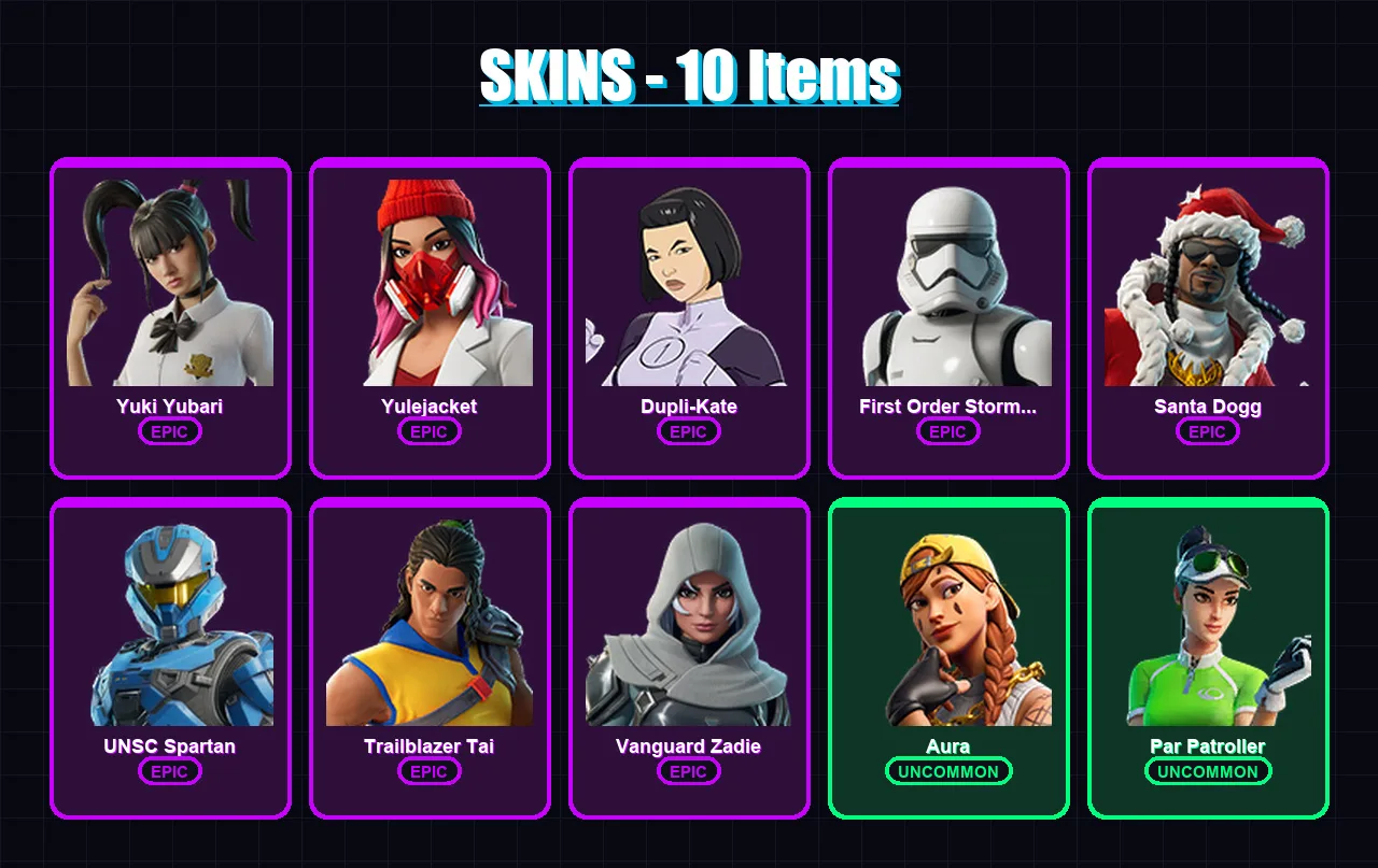 [PC/PSN] | Yuki Yubari | Yulejacket | Dupli-Kate | First Order Stormtrooper | Santa Dogg | 10 skin | 53 pickaxe | 24 emote | 38 glider | Lv1493