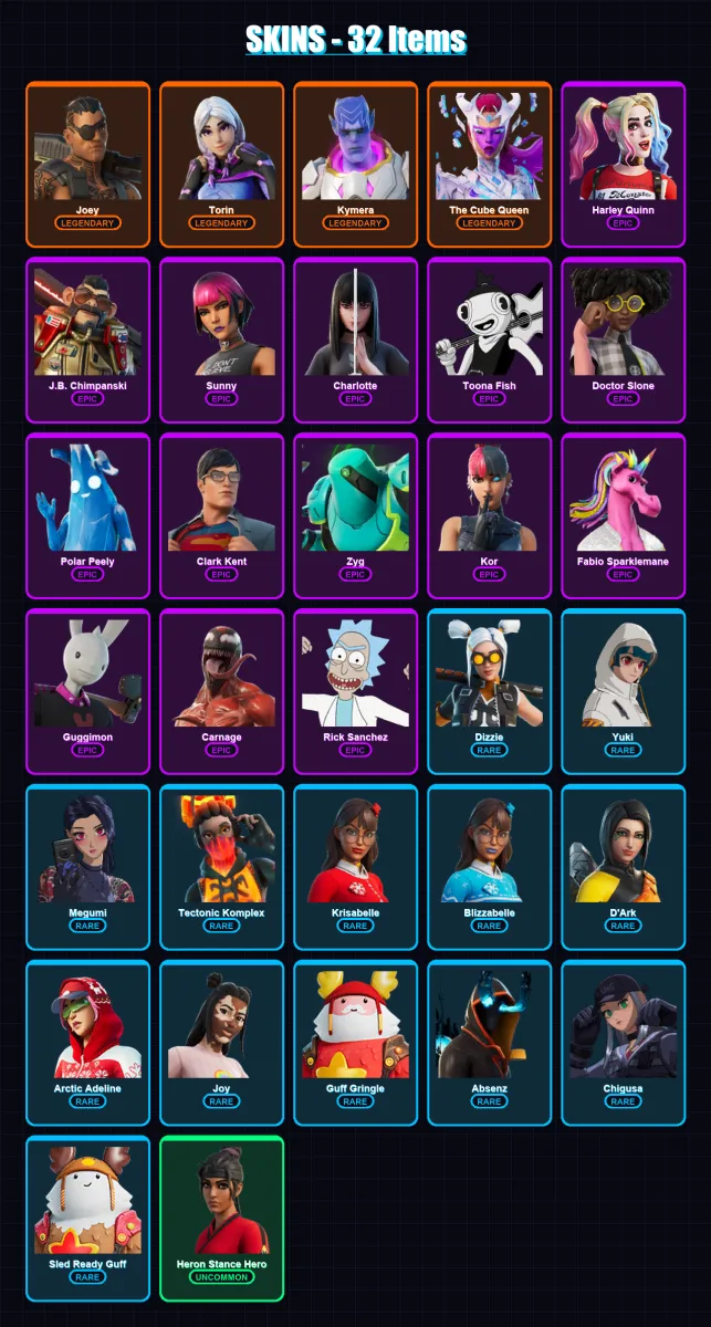 [PC/XBOX/PSN] | Joey | Torin | Kymera | The Cube Queen | Harley Quinn | 32 skin | 49 pickaxe | 35 emote | 35 glider | Lv742