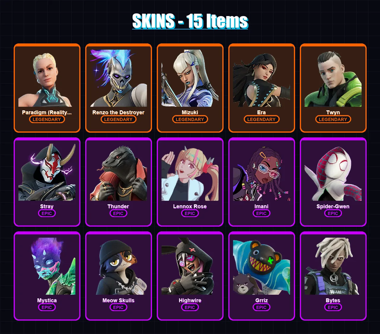 [PC/PSN] | Paradigm (Reality-659) | Renzo the Destroyer | Mizuki | Era | Twyn | 15 skin | 19 pickaxe | 17 emote | 26 glider | Lv345