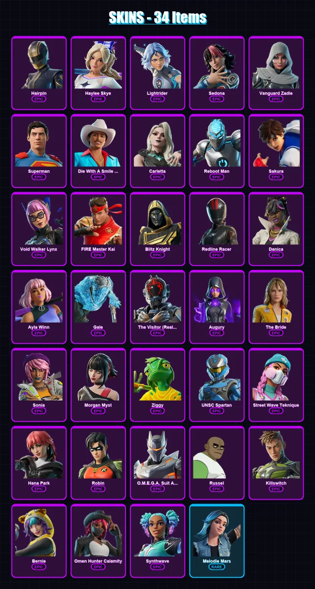 [PC/PSN] | Hairpin | Haylee Skye | Lightrider | Sedona | Vanguard Zadie | 34 skin | 45 pickaxe | 22 emote | 24 glider | Lv338