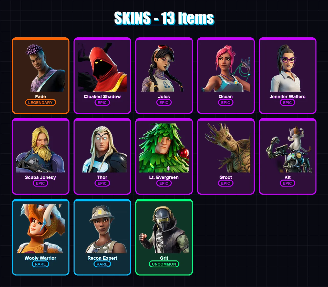 [PC/PSN] | Fade | Cloaked Shadow | Jules | Ocean | Jennifer Walters | 13 skin | 16 pickaxe | 21 emote | 19 glider | Lv299