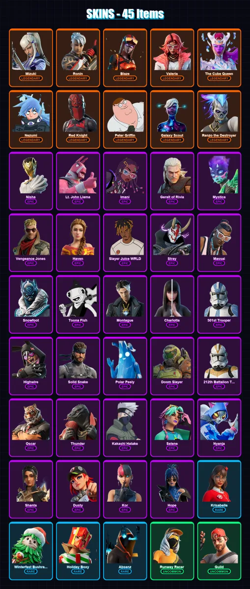 [PC/PSN] | Mizuki | Ronin | Blaze | Valeria | The Cube Queen | 45 skin | 57 pickaxe | 48 emote | 57 glider | Lv876