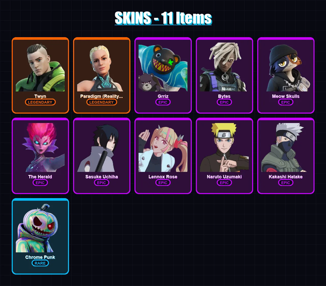 [PC/XBOX/PSN] | Twyn | Paradigm (Reality-659) | Grriz | Bytes | Meow Skulls | 11 skin | 8 pickaxe | 3 emote | 11 glider | Lv89