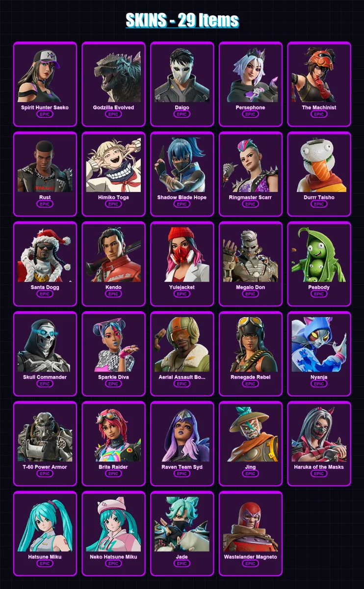 [PC/PSN] | Spirit Hunter Saeko | Godzilla Evolved | Daigo | Persephone | The Machinist | 29 skin | 48 pickaxe | 33 emote | 33 glider | Lv372