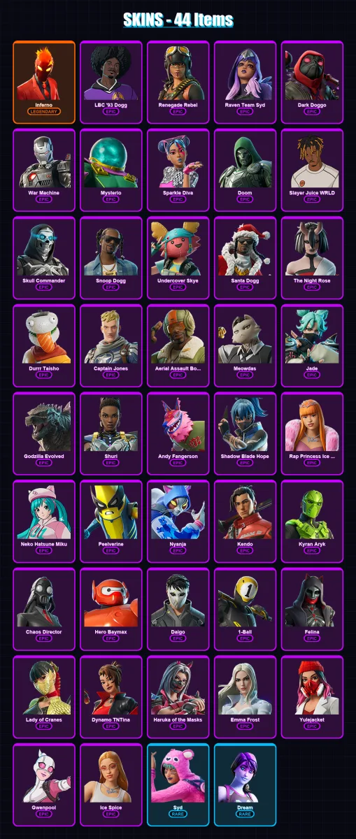 [PC/XBOX] | Inferno | LBC '93 Dogg | Renegade Rebel | Raven Team Syd | Dark Doggo | 44 skin | 61 pickaxe | 51 emote | 34 glider | Lv856 — Fortnite account
