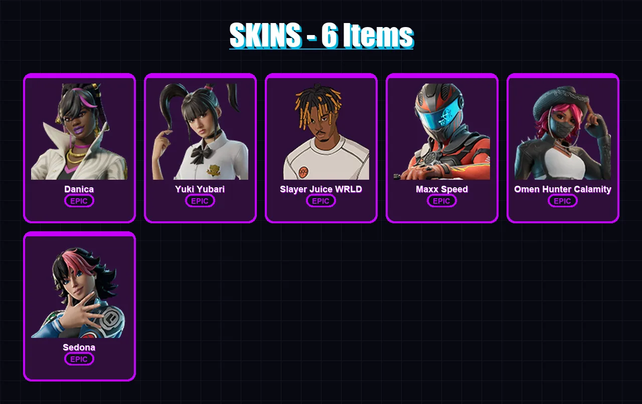 [PC/XBOX/PSN] | Danica | Yuki Yubari | Slayer Juice WRLD | Maxx Speed | Omen Hunter Calamity | 6 skin | 4 pickaxe | 2 emote | 5 glider | Lv33