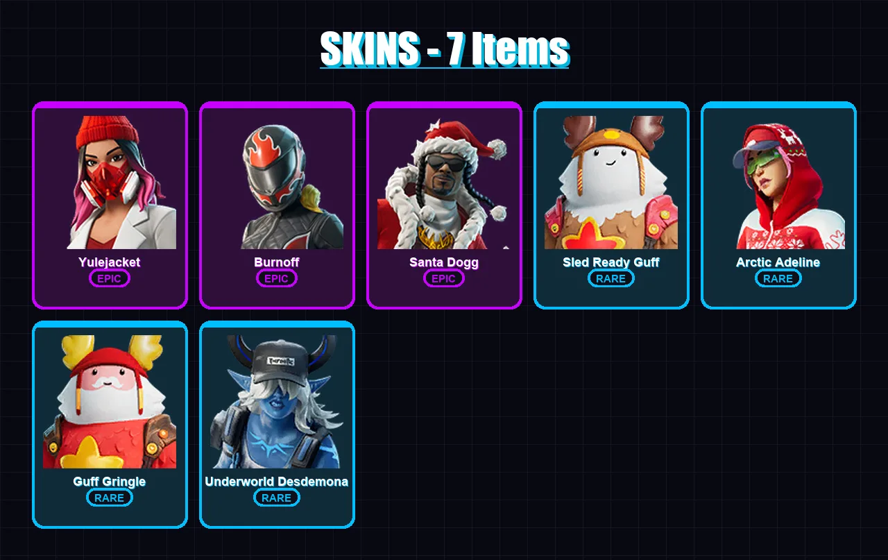 [PC/XBOX/PSN] | Yulejacket | Burnoff | Santa Dogg | Sled Ready Guff | Arctic Adeline | 7 skin | 18 pickaxe | 5 emote | 15 glider | Lv163