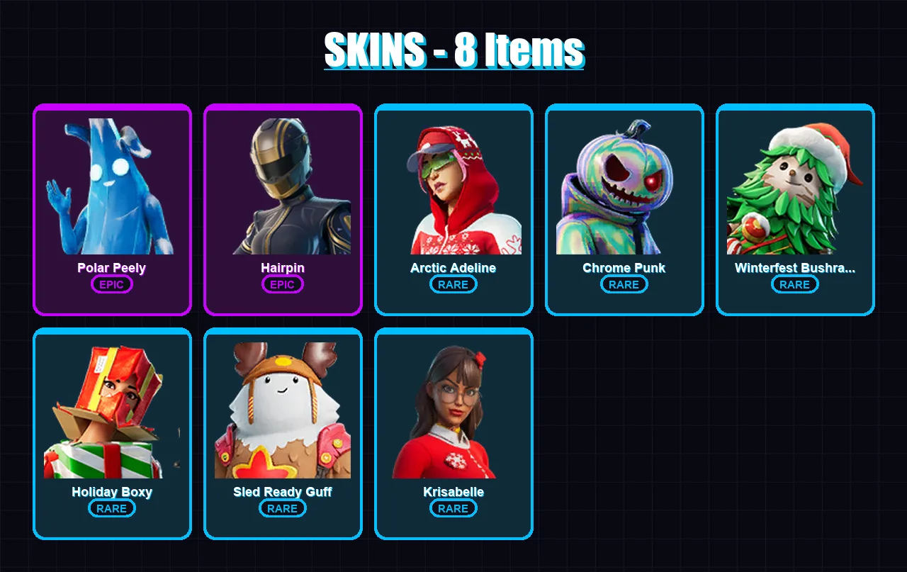 [PC/XBOX] | Polar Peely | Hairpin | Arctic Adeline | Chrome Punk | Winterfest Bushranger | 8 skin | 16 pickaxe | 10 emote | 23 glider | Lv164