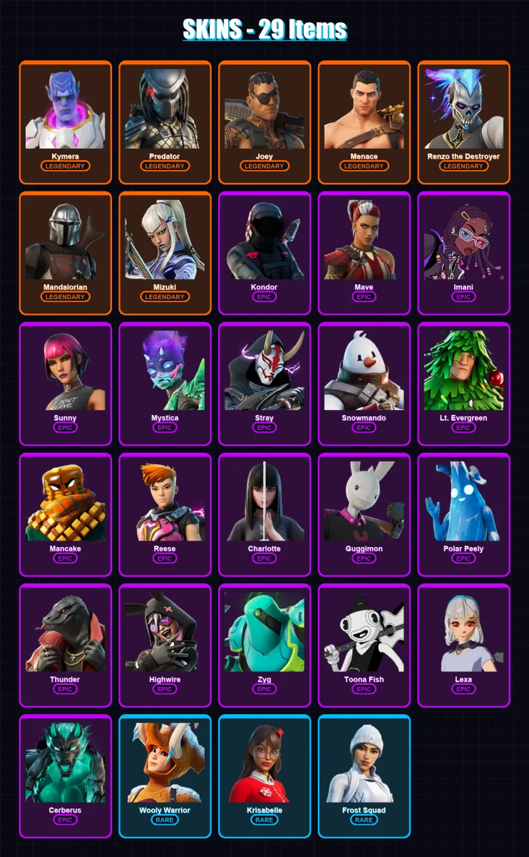 [PS4/PS5/XBOX/PC] | Kymera | Predator | Joey | Menace | Renzo the Destroyer | 29 skin | 49 pickaxe | 52 emote | 53 glider | Lv1178