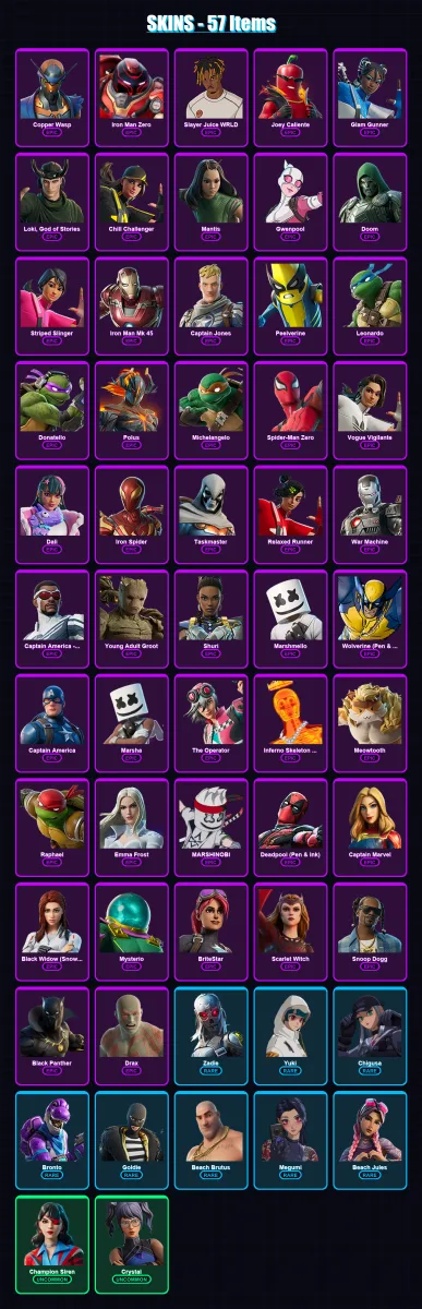 [PC/PSN] | Copper Wasp | Iron Man Zero | Slayer Juice WRLD | Joey Caliente | Glam Gunner | 57 skin | 56 pickaxe | 52 emote | 22 glider | Lv192