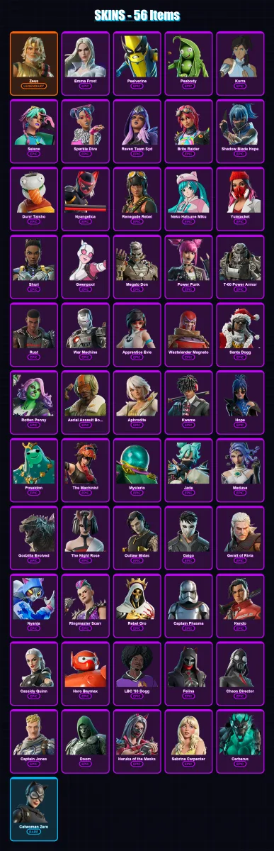 [PC/XBOX/PSN] | Zeus | Emma Frost | Peelverine | Peabody | Korra | 56 skin | 72 pickaxe | 58 emote | 48 glider | Lv462