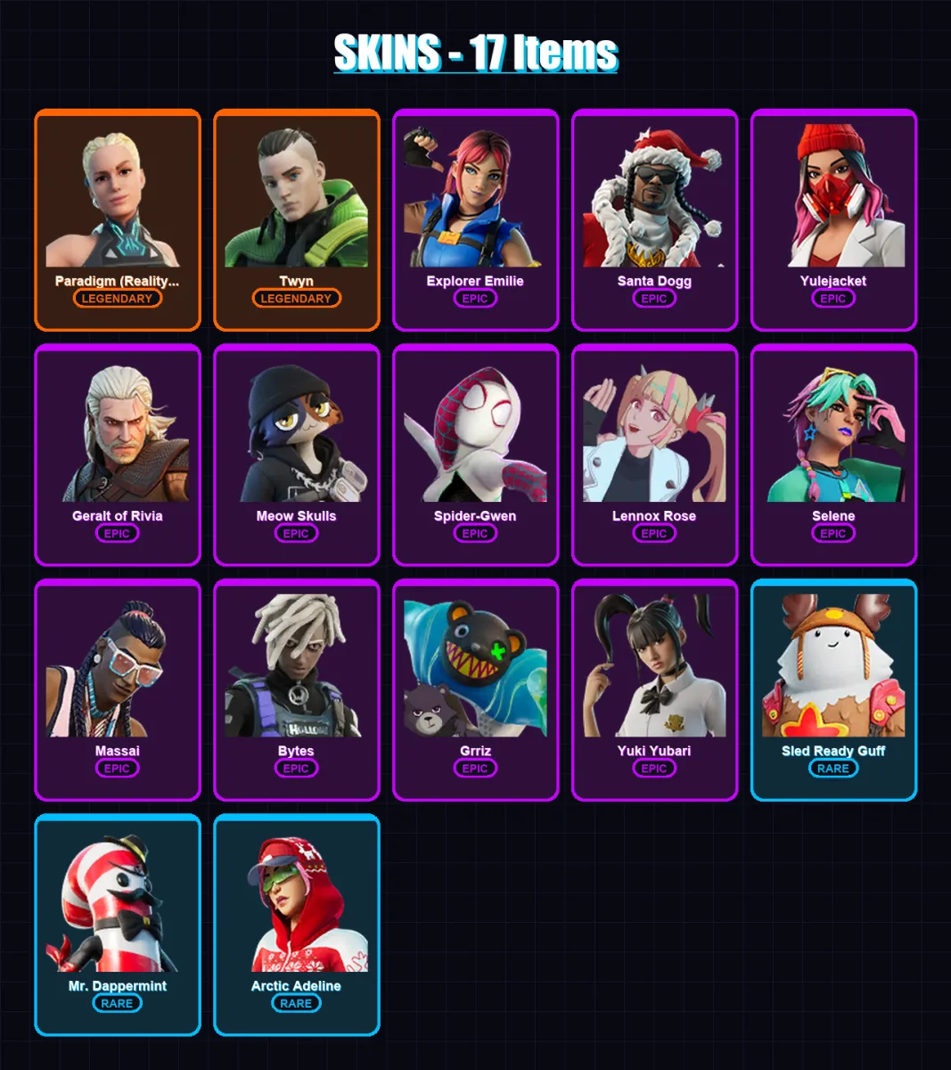 [PC/XBOX/PSN] | Paradigm (Reality-659) | Twyn | Explorer Emilie | Santa Dogg | Yulejacket | 17 skin | 37 pickaxe | 24 emote | 35 glider | Lv452