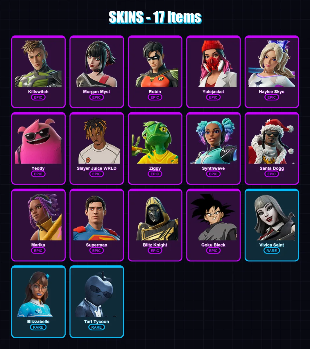 [PC/PSN] | Killswitch | Morgan Myst | Robin | Yulejacket | Haylee Skye | 17 skin | 41 pickaxe | 30 emote | 26 glider | Lv425