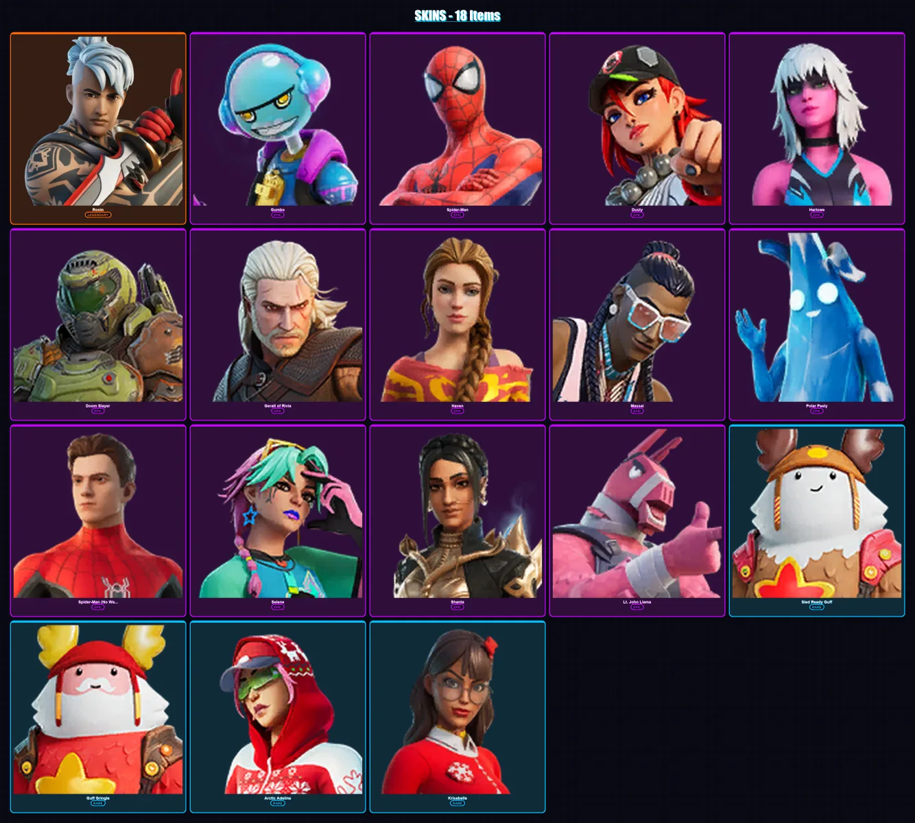 [PS4/PS5/XBOX/PC] | Ronin | Gumbo | Spider-Man | Dusty | Harlowe | 18 skin | 20 pickaxe | 19 emote | 21 glider | Lv179