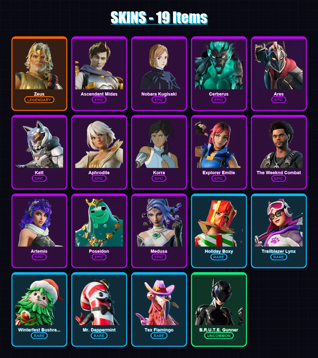 [PC/PSN] | Zeus | Ascendant Midas | Nobara Kugisaki | Cerberus | Ares | 19 skin | 25 pickaxe | 19 emote | 18 glider | Lv250