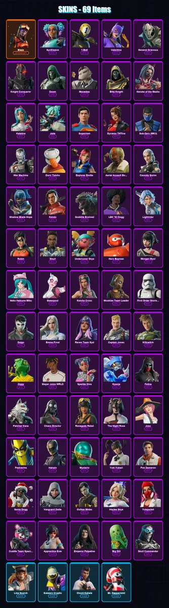 [PS4/PS5/XBOX/PC] | Blaze | Synthwave | 1-Ball | Valentina | General Grievous | 69 skin | 109 pickaxe | 80 emote | 75 glider | Lv1404