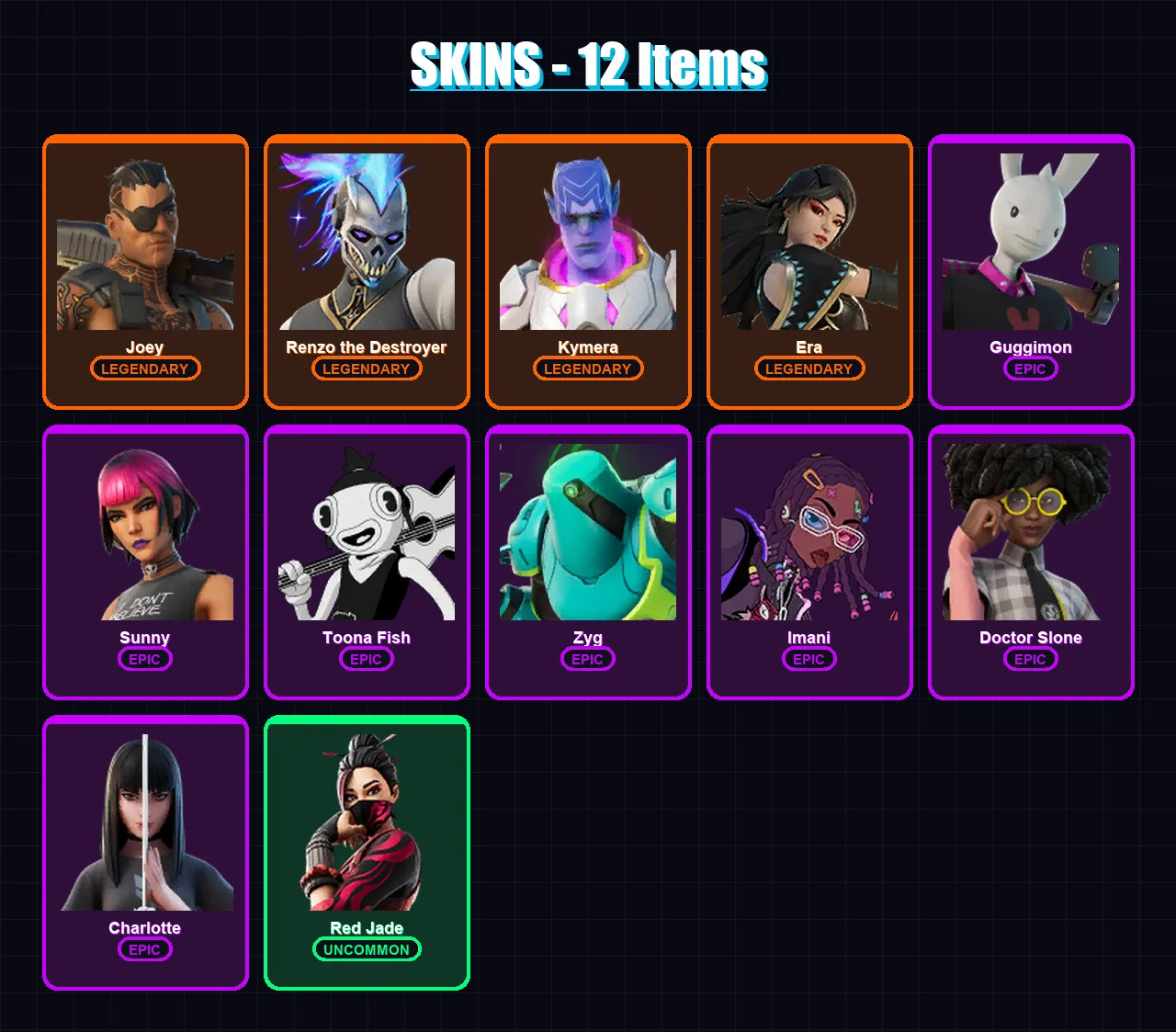 [PS4/PS5/XBOX/PC] | Joey | Renzo the Destroyer | Kymera | Era | Guggimon | 12 skin | 24 pickaxe | 27 emote | 33 glider | Lv501