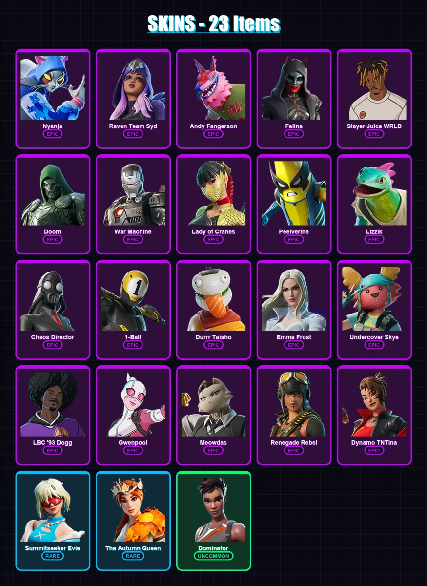 [PC/XBOX/PSN] | Nyanja | Raven Team Syd | Andy Fangerson | Felina | Slayer Juice WRLD | 23 skin | 30 pickaxe | 21 emote | 18 glider | Lv263