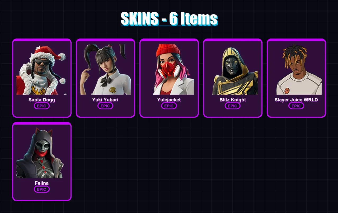 [PS4/PS5/XBOX/PC] | Santa Dogg | Yuki Yubari | Yulejacket | Blitz Knight | Slayer Juice WRLD | 6 skin | 48 pickaxe | 21 emote | 25 glider | Lv400