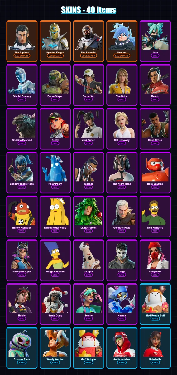 [PC/XBOX/PSN] | The Ageless | Spectra Knight | The Scientist | Nezumi | Jade | 40 skin | 78 pickaxe | 69 emote | 82 glider | Lv1234