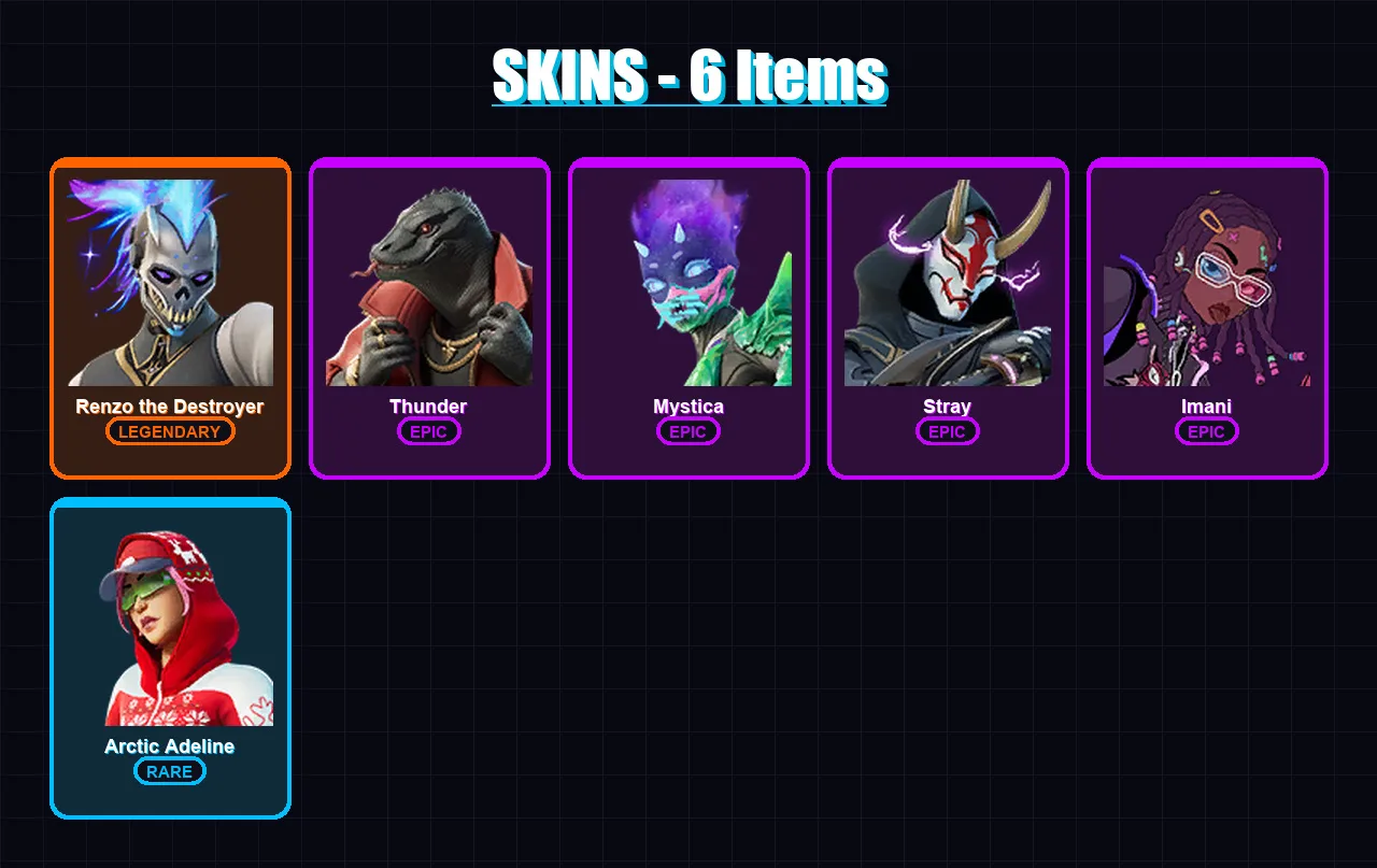 [PC/PSN] | Renzo the Destroyer | Thunder | Mystica | Stray | Imani | 6 skin | 18 pickaxe | 19 emote | 28 glider | Lv321