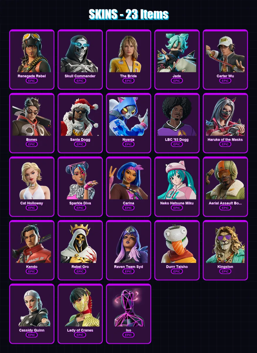 [PC/XBOX/PSN] | Renegade Rebel | Skull Commander | The Bride | Jade | Carter Wu | 23 skin | 30 pickaxe | 20 emote | 21 glider | Lv105 — Fortnite account
