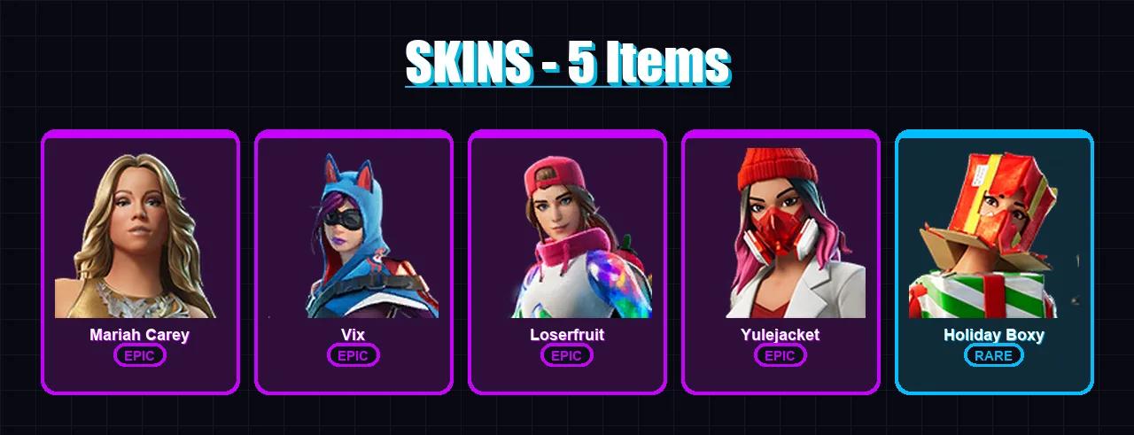 [PC/XBOX/PSN] | Mariah Carey | Vix | Loserfruit | Yulejacket | Holiday Boxy | 5 skin | 12 pickaxe | 8 emote | 13 glider | Lv138