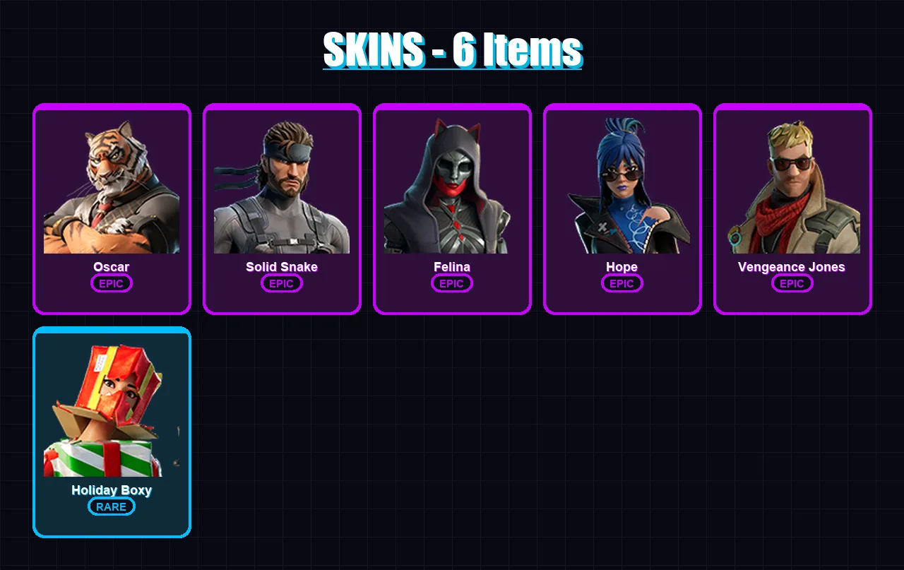 [PC/PSN] | Oscar | Solid Snake | Felina | Hope | Vengeance Jones | 6 skin | 13 pickaxe | 7 emote | 10 glider | Lv139