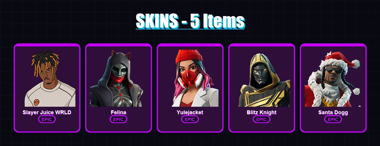 [PC/PSN] | Slayer Juice WRLD | Felina | Yulejacket | Blitz Knight | Santa Dogg | 5 skin | 35 pickaxe | 13 emote | 24 glider | Lv319