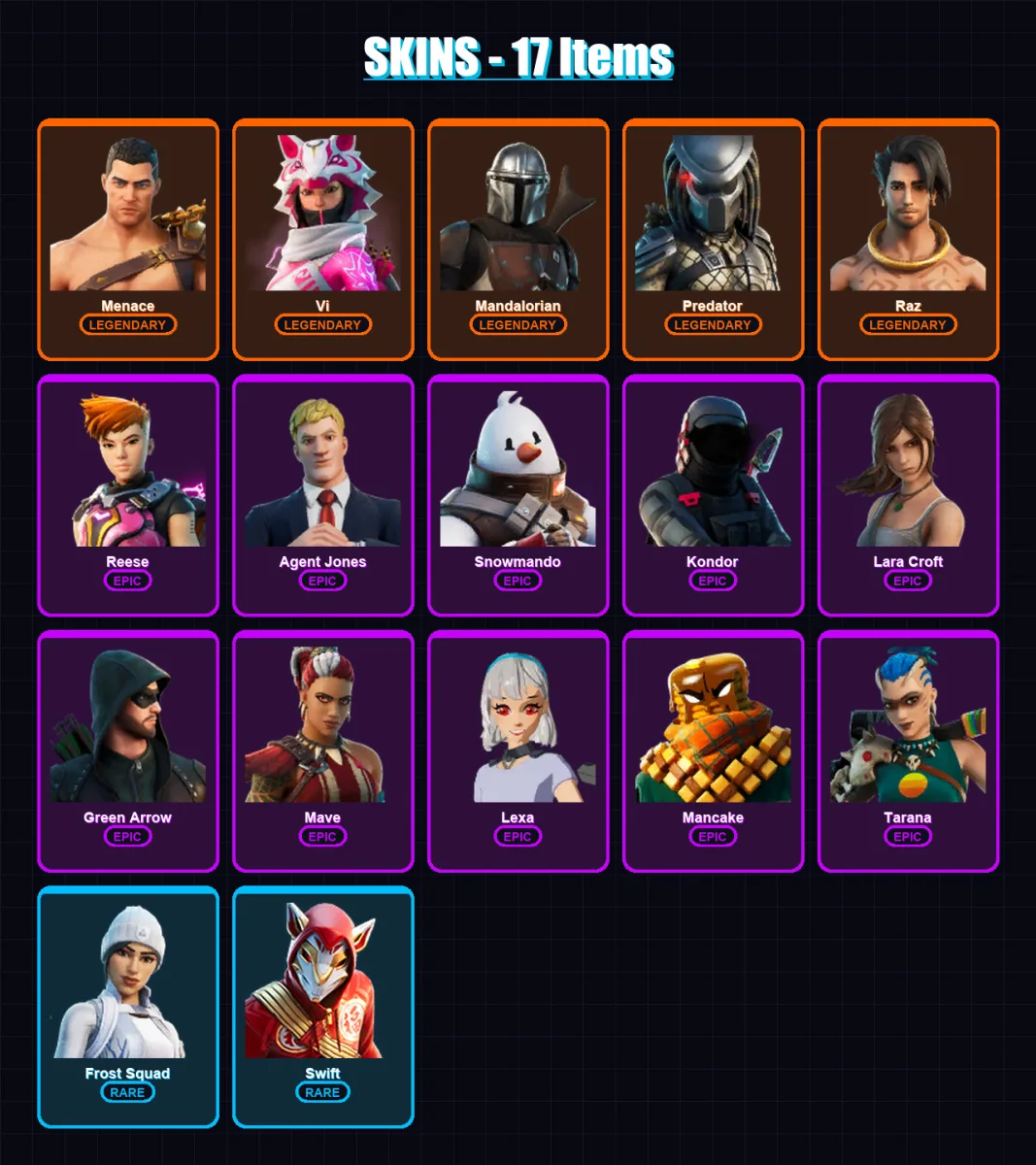 [PC/XBOX/PSN] | Menace | Vi | Mandalorian | Predator | Raz | 17 skin | 21 pickaxe | 16 emote | 17 glider | Lv274