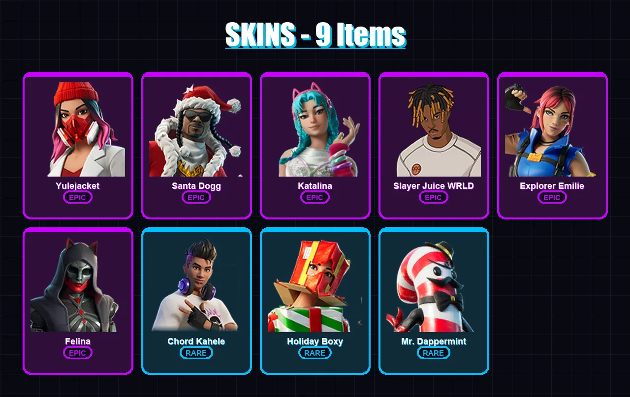 [PC/XBOX] | Yulejacket | Santa Dogg | Katalina | Slayer Juice WRLD | Explorer Emilie | 9 skin | 37 pickaxe | 16 emote | 23 glider | Lv381