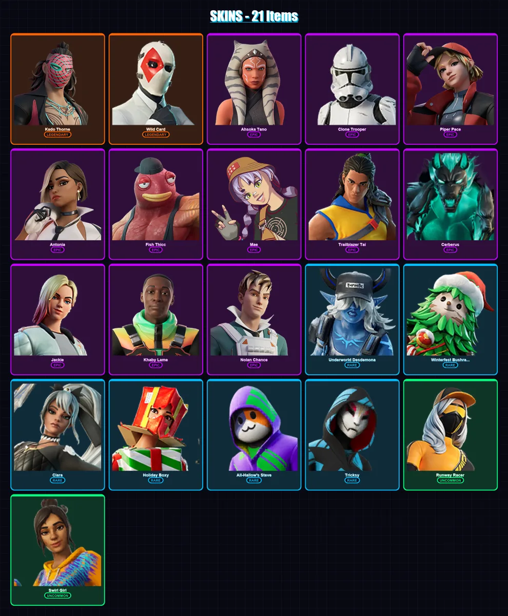 [PS4/PS5/XBOX/PC] | Kado Thorne | Wild Card | Ahsoka Tano | Clone Trooper | Piper Pace | 21 skin | 29 pickaxe | 29 emote | 27 glider | Lv1028 — Fortnite account