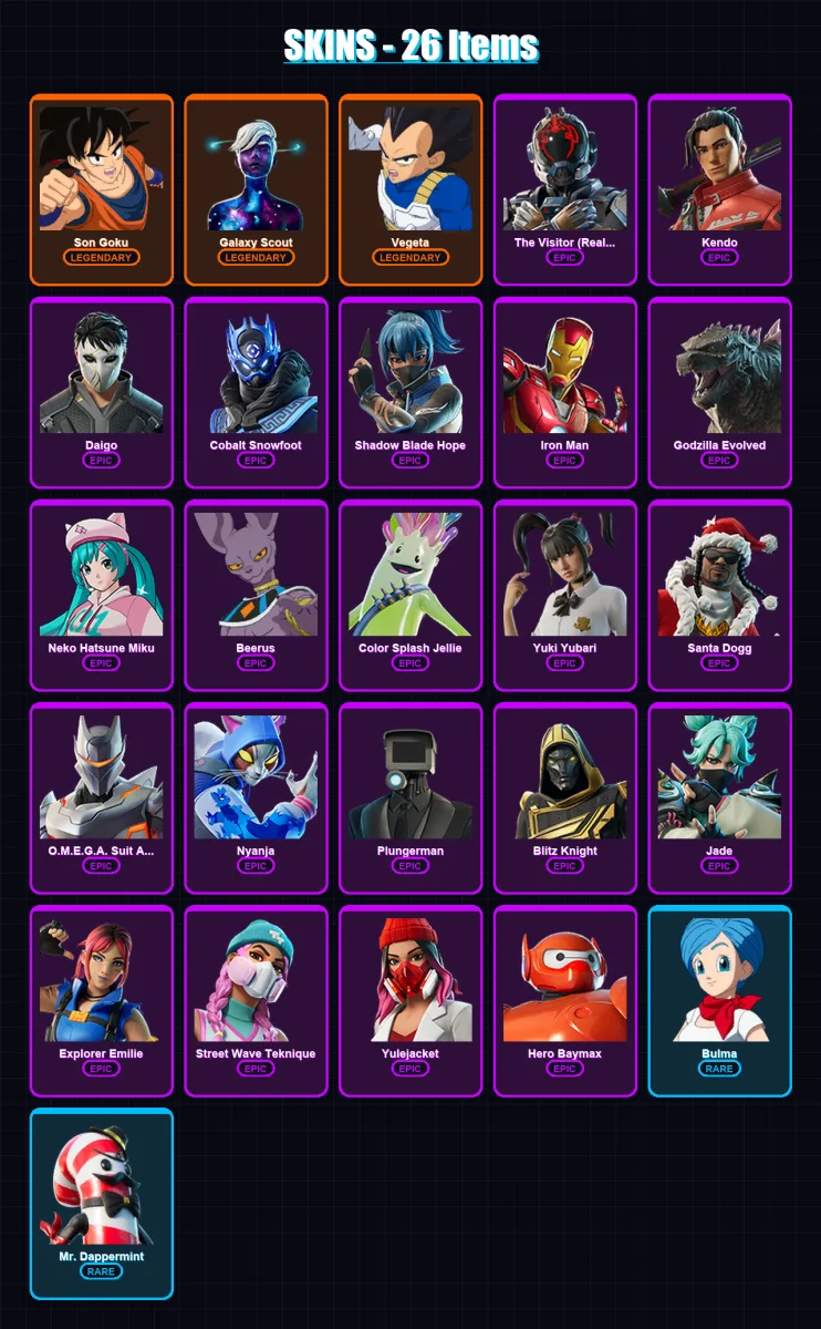[PS4/PS5/PC] | Son Goku | Galaxy Scout | Vegeta | The Visitor (Reality Unknown) | Kendo | 26 skin | 65 pickaxe | 38 emote | 35 glider | Lv409