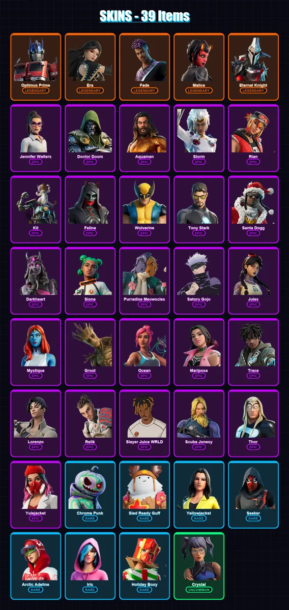 [PS4/PS5/XBOX/PC] | Optimus Prime | Era | Fade | Malice | Eternal Knight | 39 skin | 70 pickaxe | 63 emote | 64 glider | Lv1412