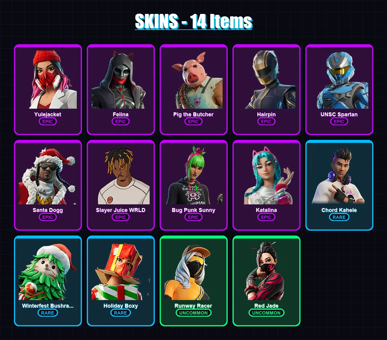 [PS4/PS5/XBOX/PC] | Yulejacket | Felina | Pig the Butcher | Hairpin | UNSC Spartan | 14 skin | 60 pickaxe | 24 emote | 37 glider | Lv712 — Fortnite account
