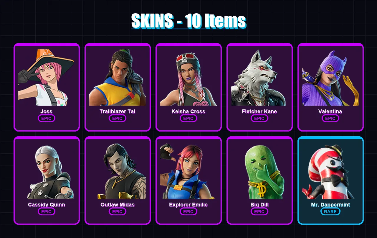 [PC/PSN] | Joss | Trailblazer Tai | Keisha Cross | Fletcher Kane | Valentina | 10 skin | 14 pickaxe | 8 emote | 10 glider | Lv95