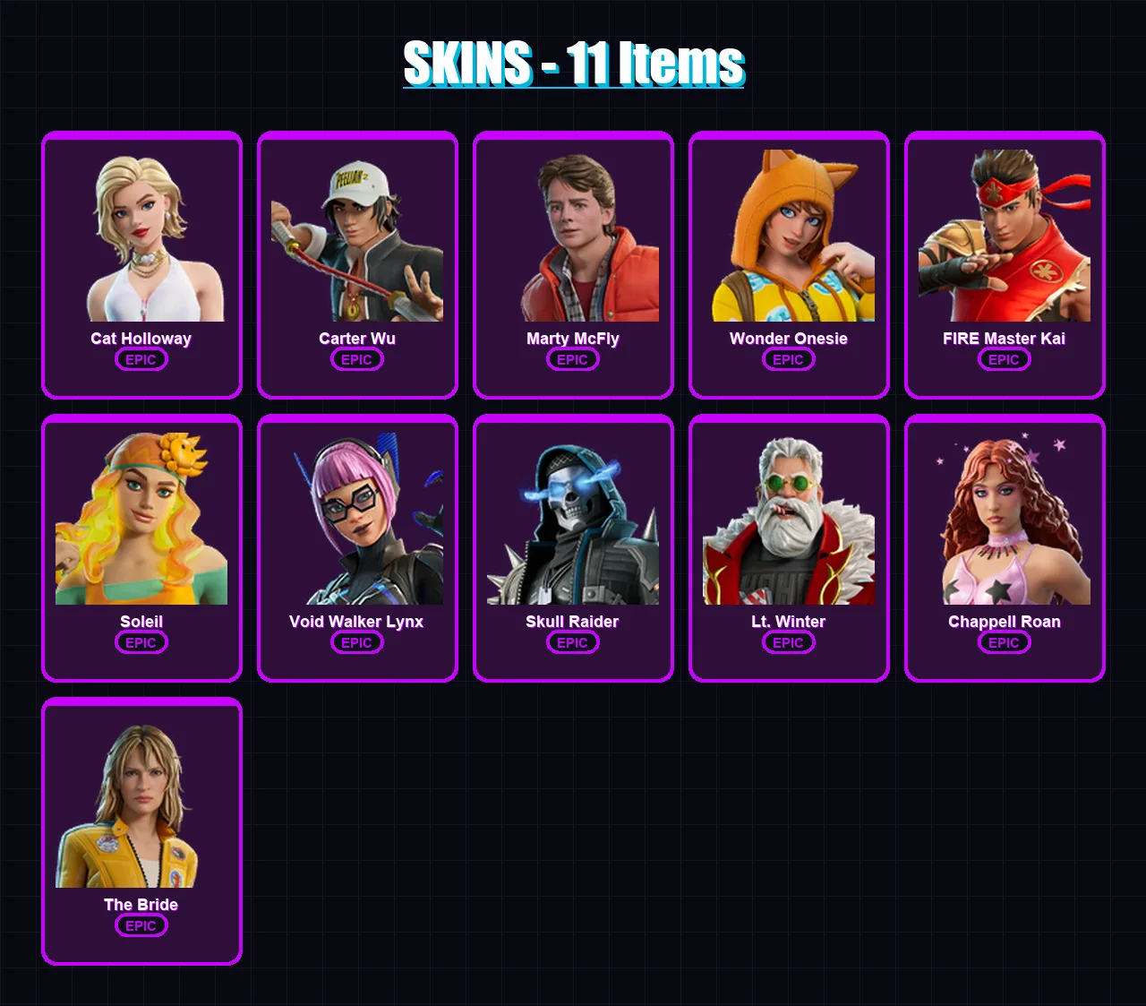 [PC/PSN] | Cat Holloway | Carter Wu | Marty McFly | Wonder Onesie | FIRE Master Kai | 11 skin | 19 pickaxe | 16 emote | 11 glider | Lv56