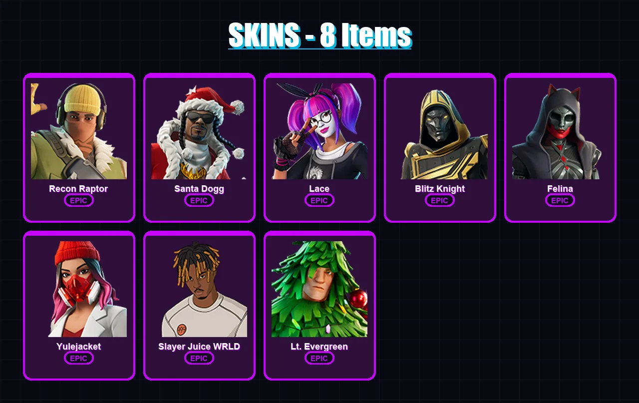 [PC/PSN] | Recon Raptor | Santa Dogg | Lace | Blitz Knight | Felina | 8 skin | 68 pickaxe | 38 emote | 33 glider | Lv656