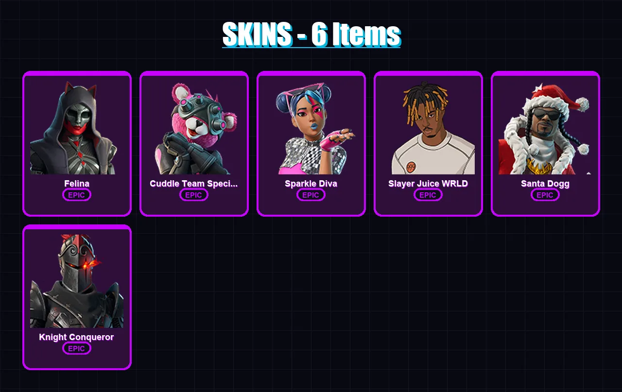 [PC/XBOX/PSN] | Felina | Cuddle Team Specialist | Sparkle Diva | Slayer Juice WRLD | Santa Dogg | 6 skin | 36 pickaxe | 17 emote | 32 glider | Lv494