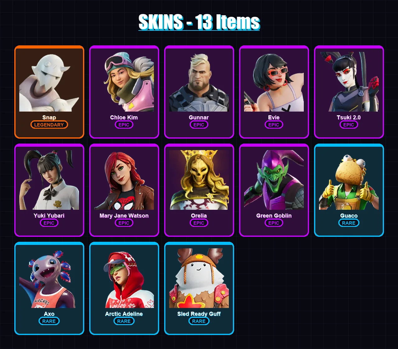 [PS4/PS5/XBOX/PC] | Snap | Chloe Kim | Gunnar | Evie | Tsuki 2.0 | 13 skin | 17 pickaxe | 8 emote | 13 glider | Lv132