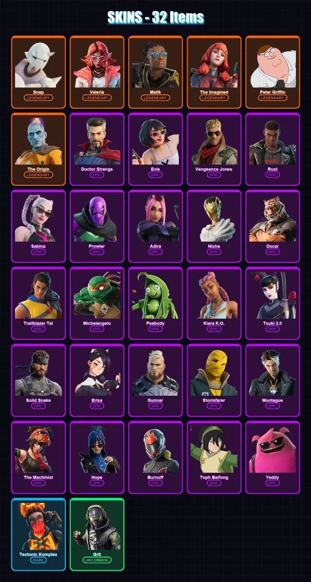[PC/PSN] | Snap | Valeria | Malik | The Imagined | Peter Griffin | 32 skin | 59 pickaxe | 36 emote | 46 glider | Lv591