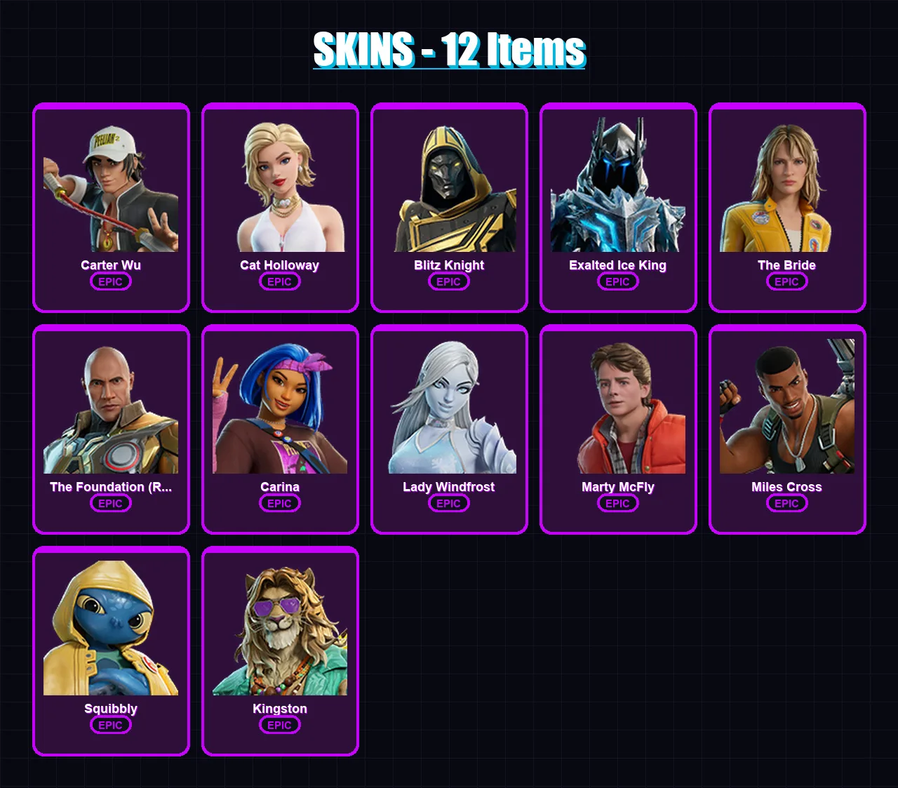 [PC/PSN] | Carter Wu | Cat Holloway | Blitz Knight | Exalted Ice King | The Bride | 12 skin | 57 pickaxe | 28 emote | 40 glider | Lv533