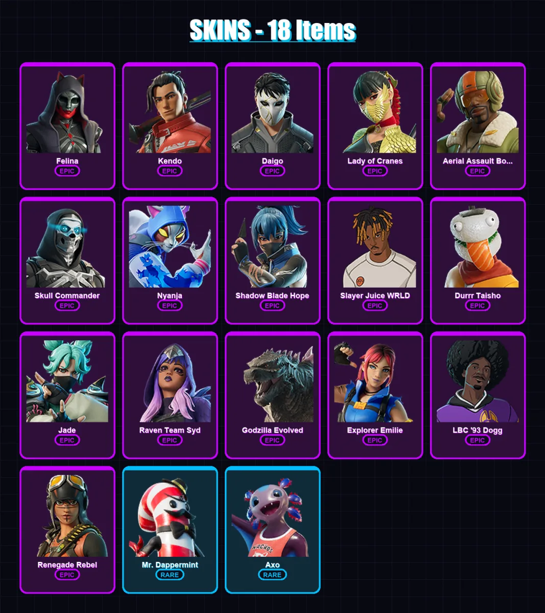 [PC/XBOX/PSN] | Felina | Kendo | Daigo | Lady of Cranes | Aerial Assault Bomber | 18 skin | 24 pickaxe | 16 emote | 15 glider | Lv208
