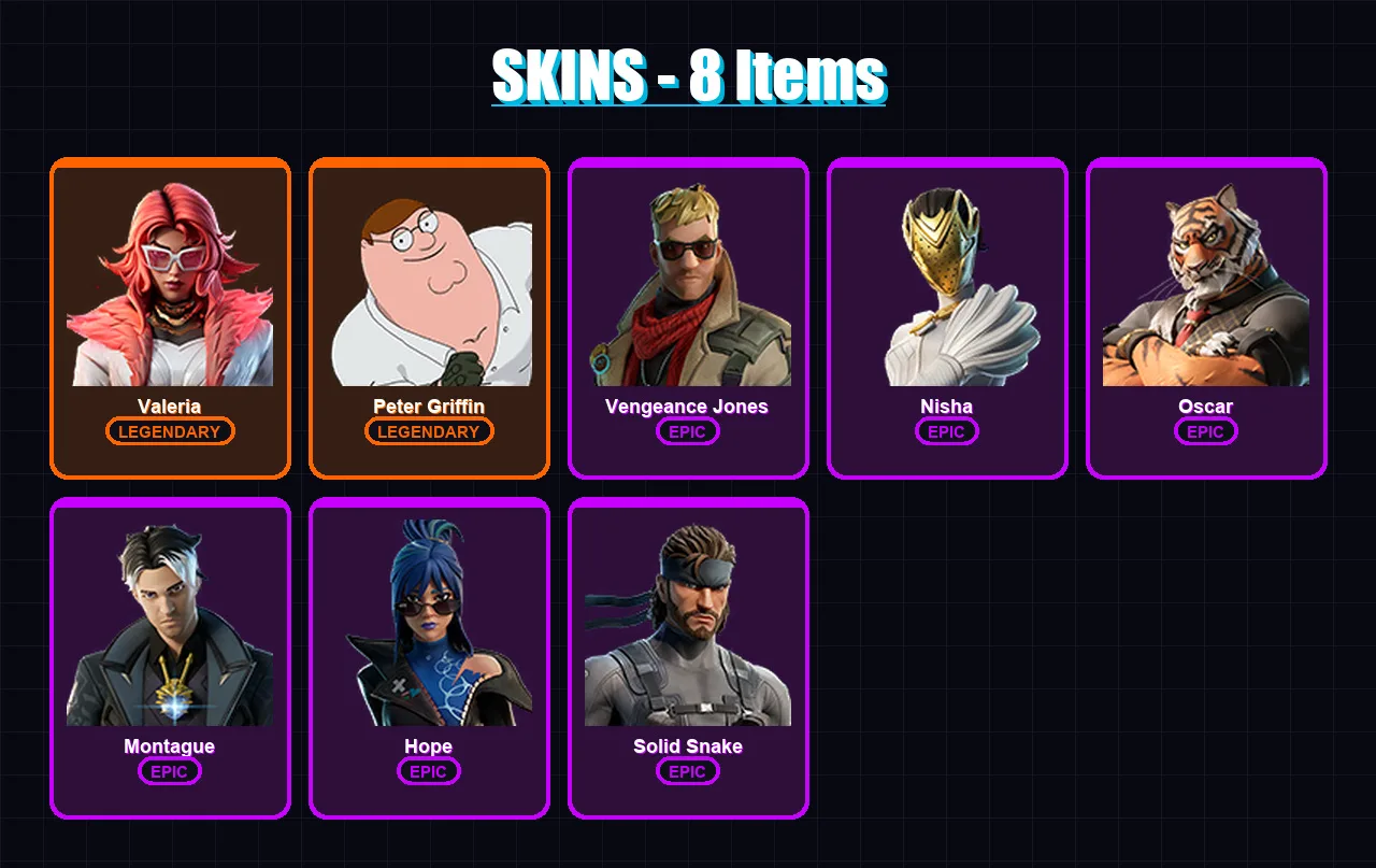 [PS4/PS5/XBOX/PC] | Valeria | Peter Griffin | Vengeance Jones | Nisha | Oscar | 8 skin | 22 pickaxe | 22 emote | 28 glider | Lv531