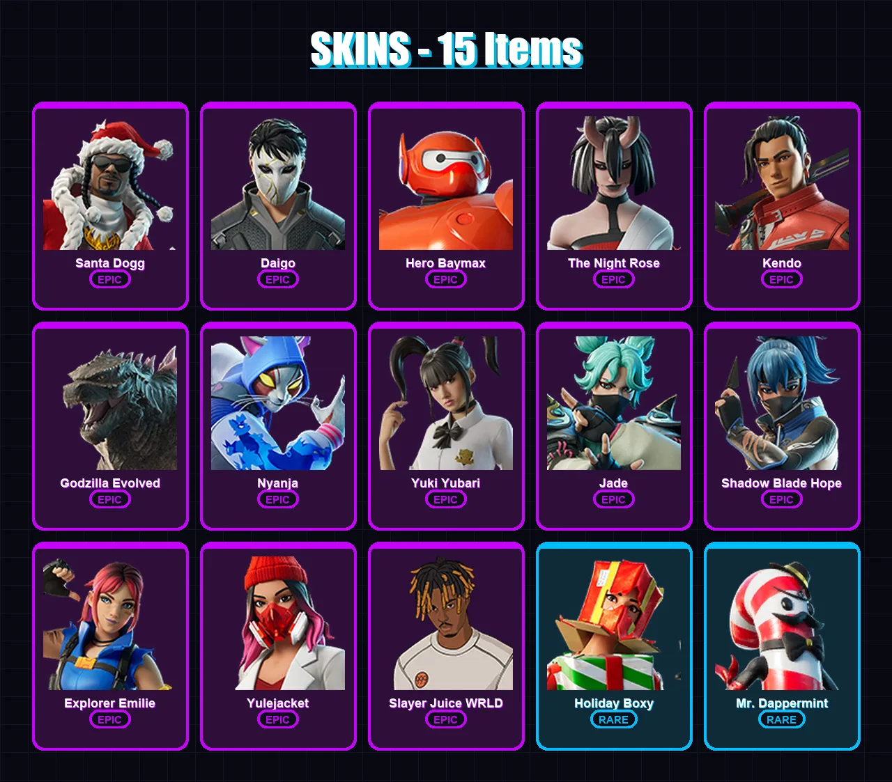 [PC/XBOX/PSN] | Santa Dogg | Daigo | Hero Baymax | The Night Rose | Kendo | 15 skin | 30 pickaxe | 21 emote | 25 glider | Lv469