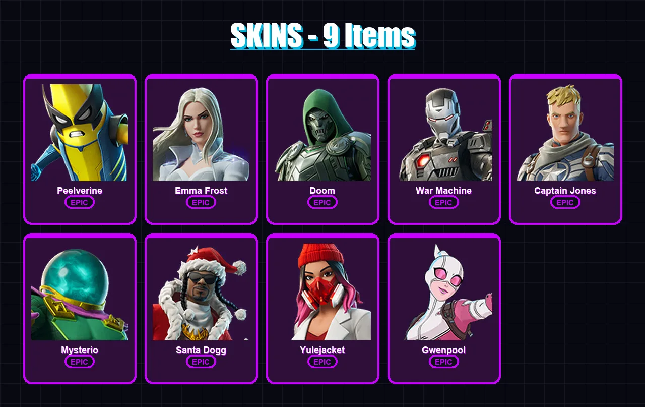 [PC/XBOX/PSN] | Peelverine | Emma Frost | Doom | War Machine | Captain Jones | 9 skin | 18 pickaxe | 17 emote | 19 glider | Lv195