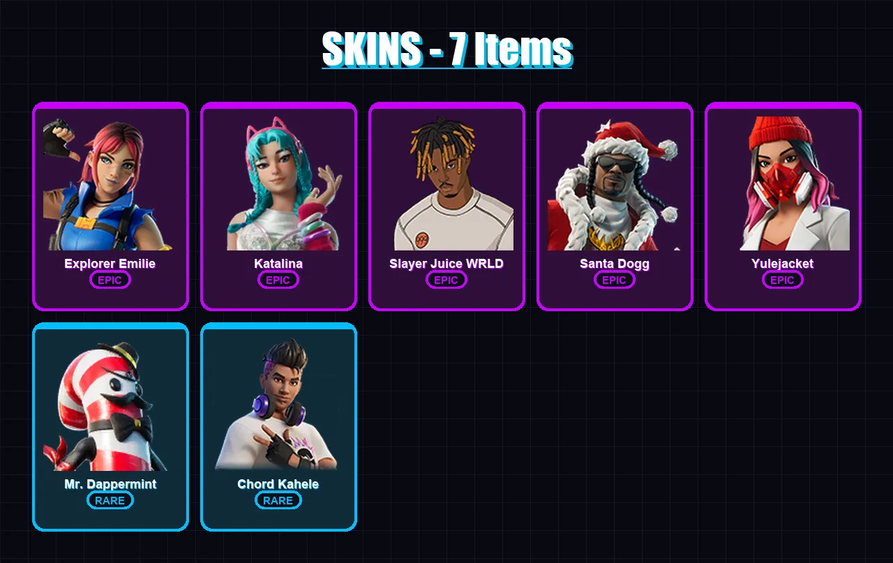[PC/XBOX/PSN] | Explorer Emilie | Katalina | Slayer Juice WRLD | Santa Dogg | Yulejacket | 7 skin | 15 pickaxe | 9 emote | 9 glider | Lv131